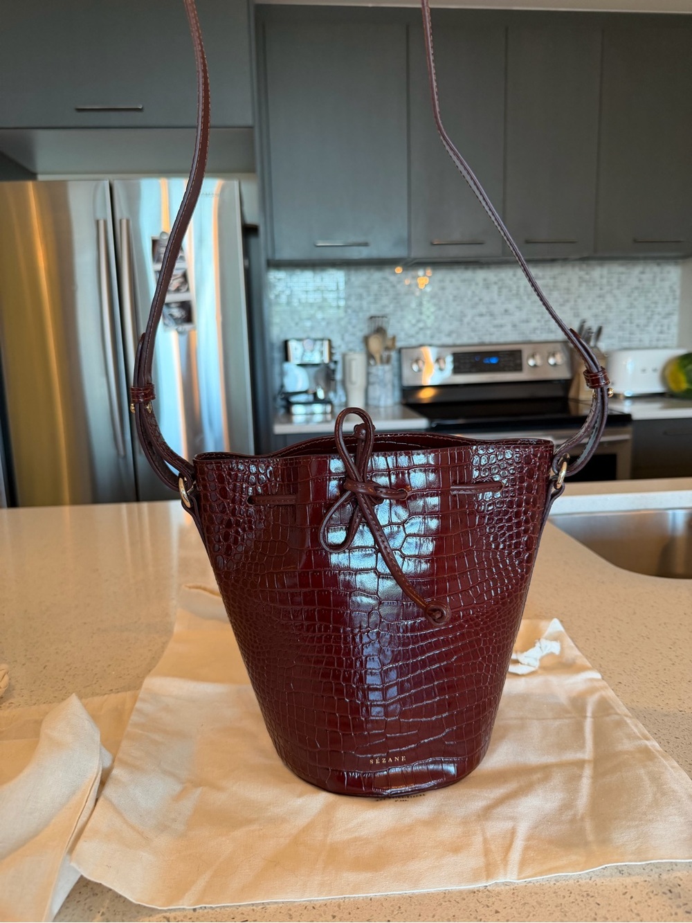NWT Sezane Chocolate Croc-Embossed Drawstring Bucket Bag - Picture 6 of 10